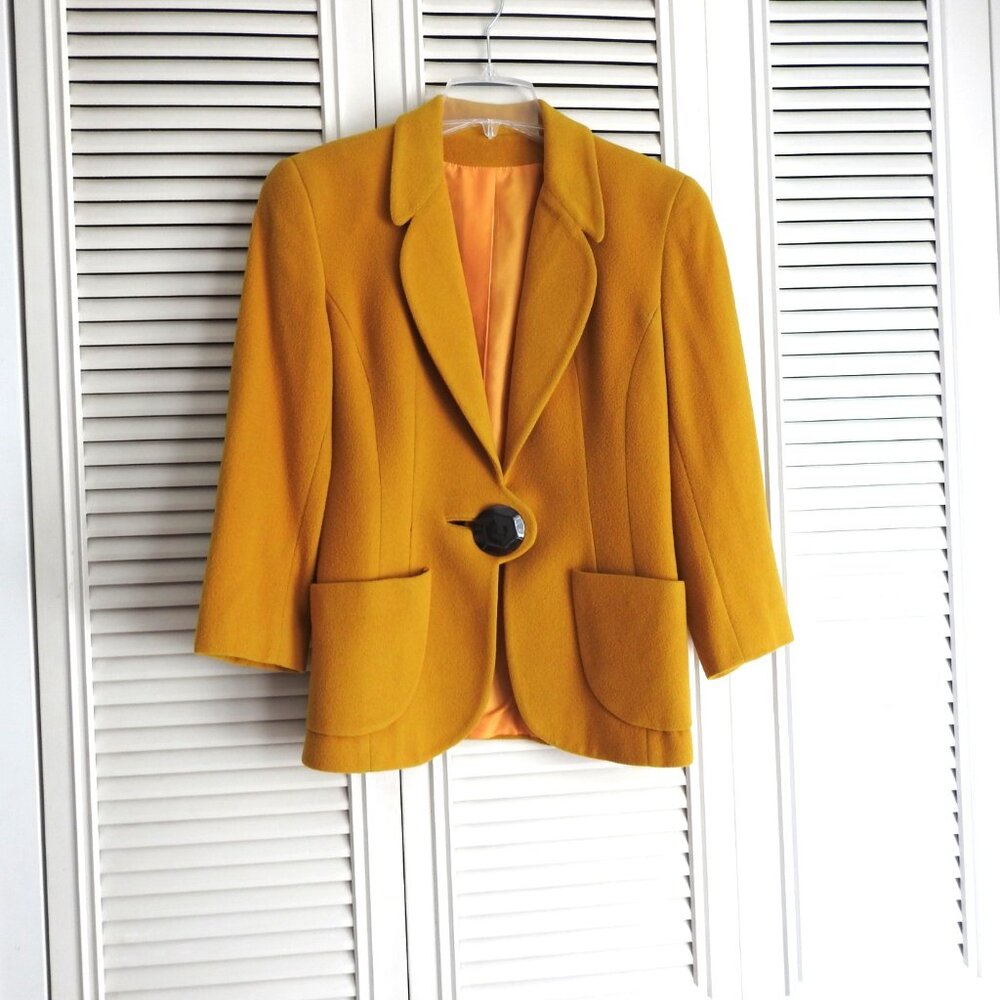 Cashmere Wool Blend Yellow Mustard Business Suit Jacket Blazer Single Button 4